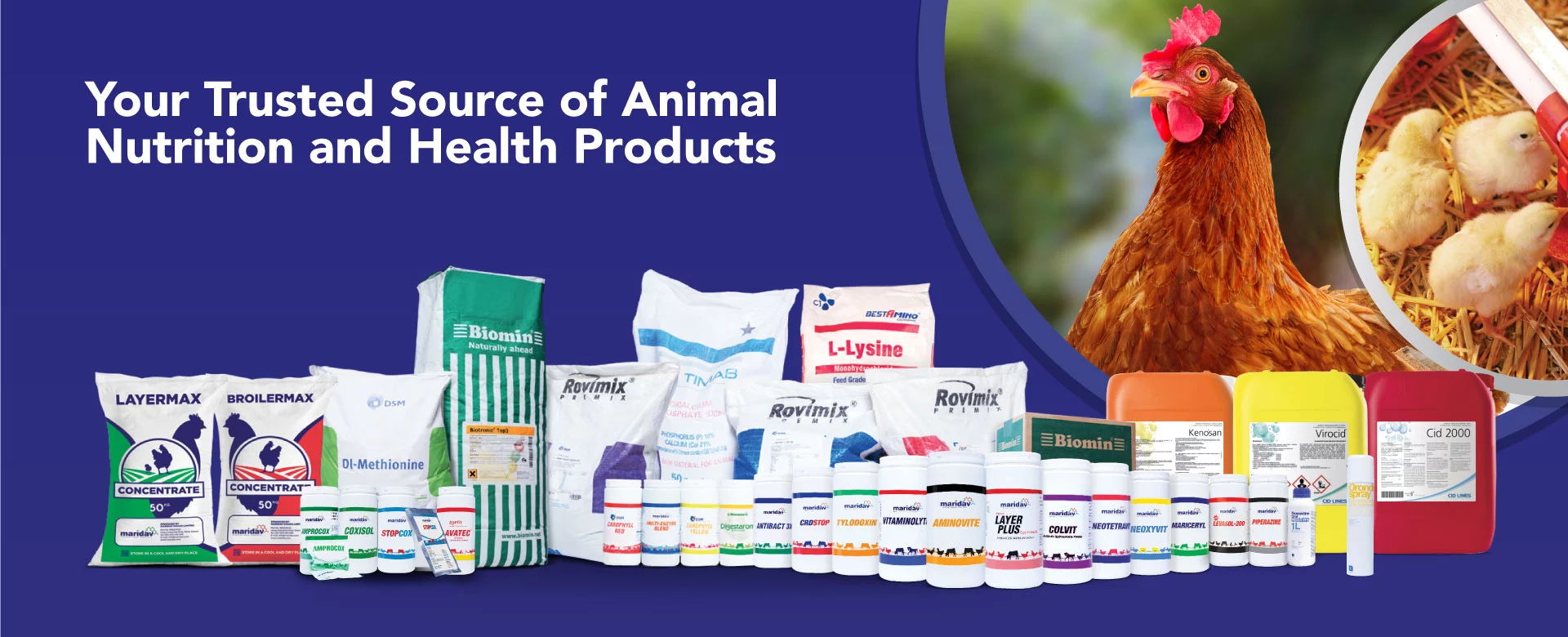 Maridav animal nutrition and health range, with feed bags, supplements and hygiene products.