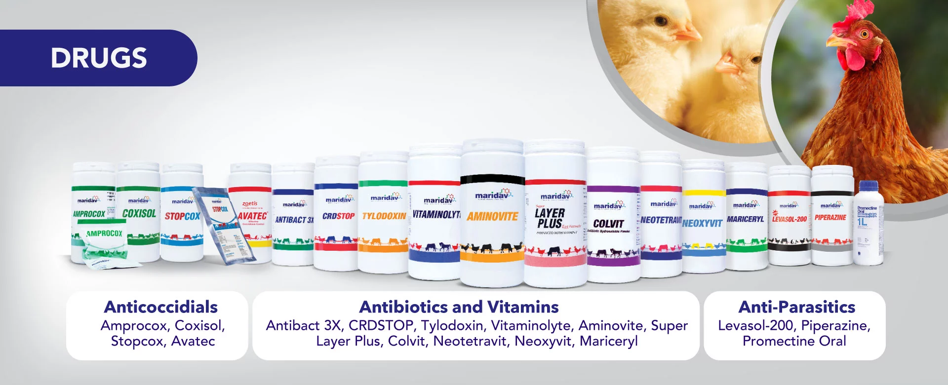Maridav animal health products arranged by anticoccidials, antibiotics and vitamins, and anti-parasitics.