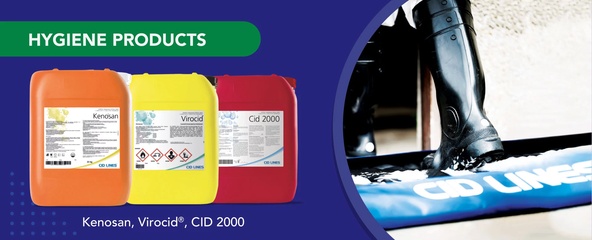 Kenosan, Virocid and CID 2000 containers beside a farm boot disinfection mat.