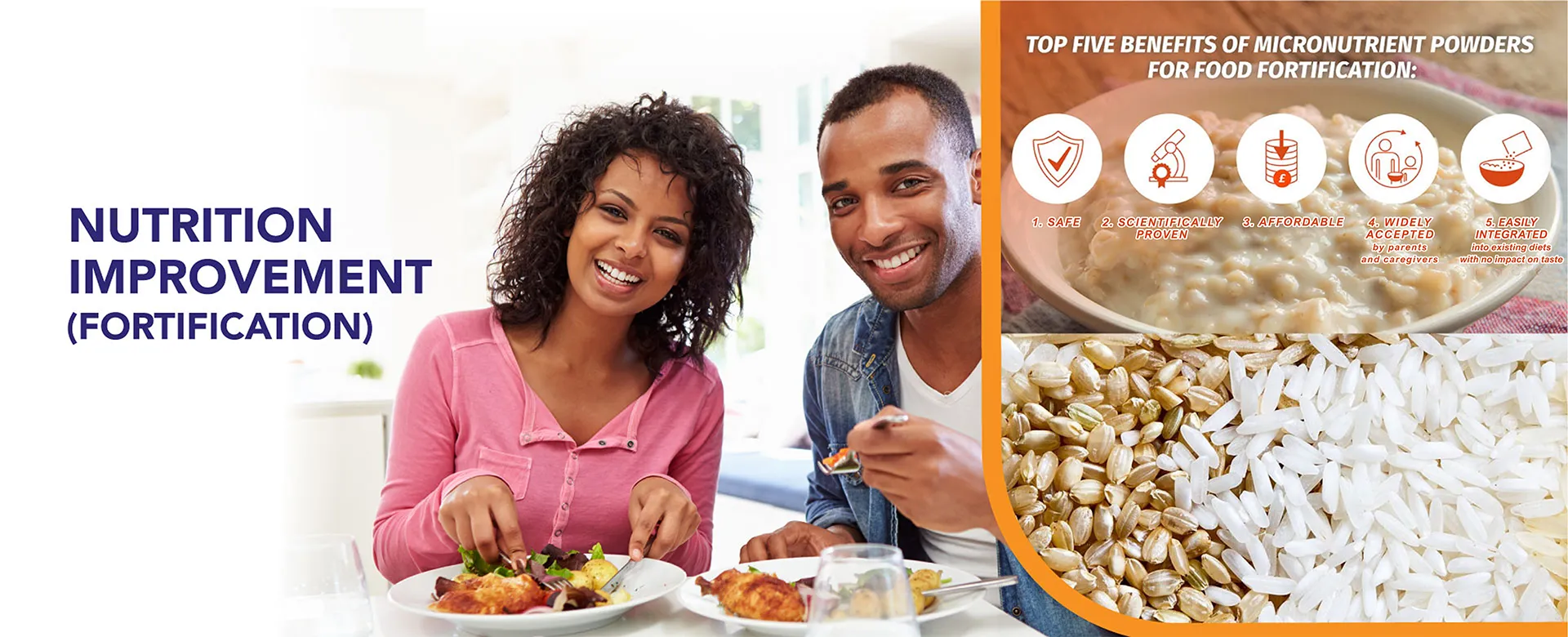 Food fortification banner showing a couple sharing a meal, grains and micronutrient powders.