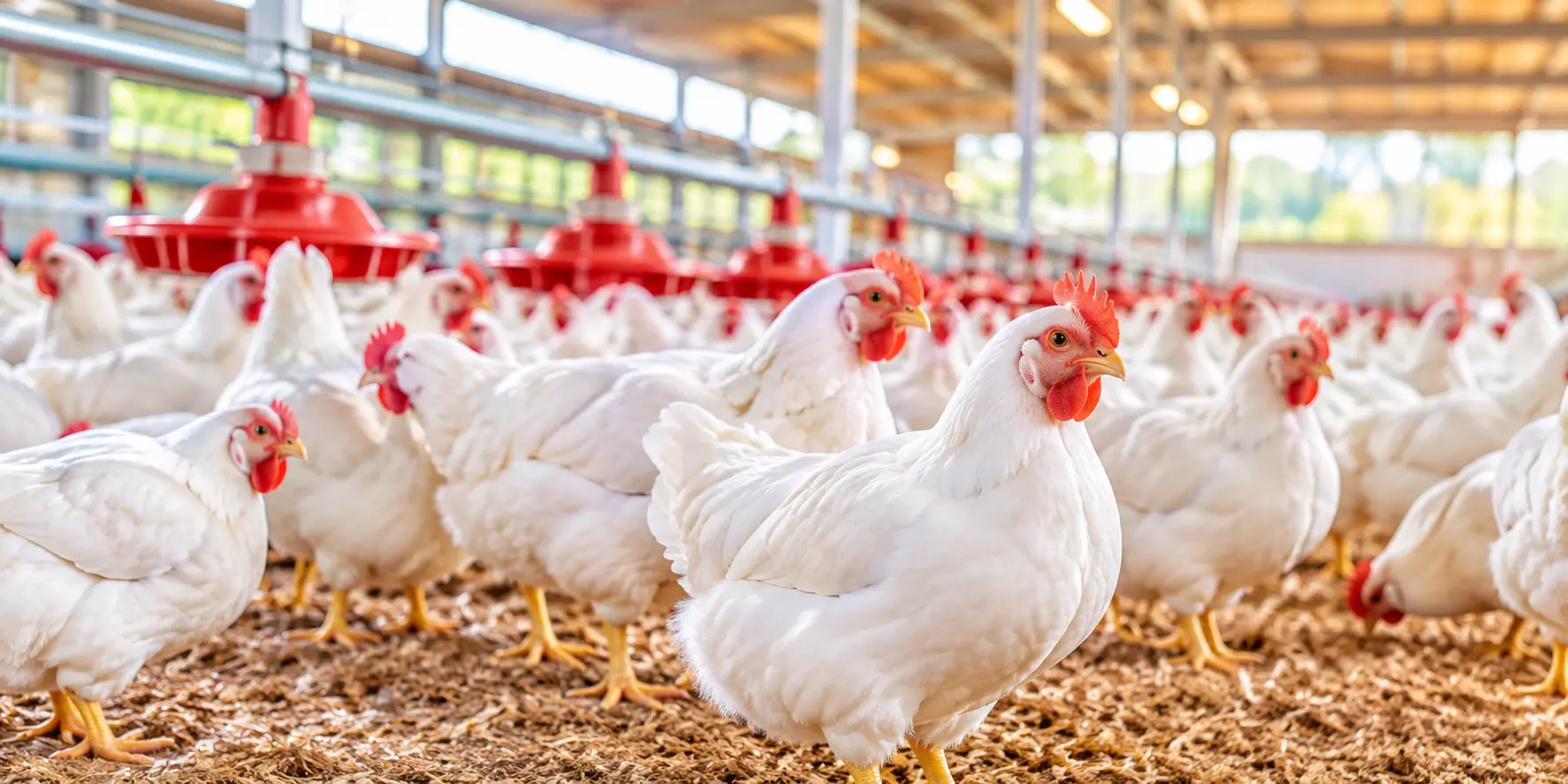 White chickens inside a poultry house with red feeders